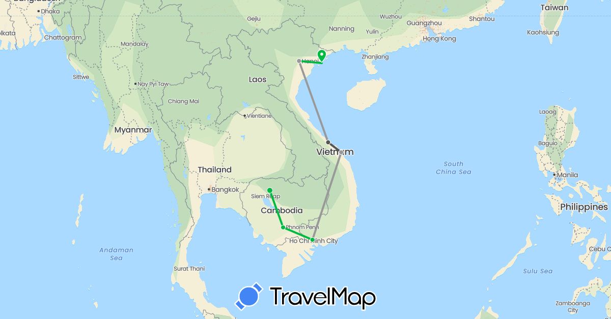 TravelMap itinerary: bus, plane, motorbike in Cambodia, Vietnam (Asia)